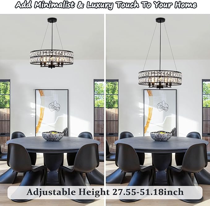 Modern Black Crystal Chandelier, 5-Light Round Crystal Chandeliers for Dining Room, 20" Contemporary Chandelier for Entryway, Living Room, Bedroom, Kitchen, Foyer Hanging Ceiling Lighting Fixtures