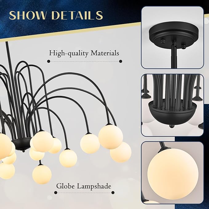 18 Lights Extra Large Sputnik Chandelier L59’’ Mid Century Black Milk Glass Globe Ceiling Pendant Light Fixture Contemporary for Foyer Staircase Living Dining Room High Ceiling