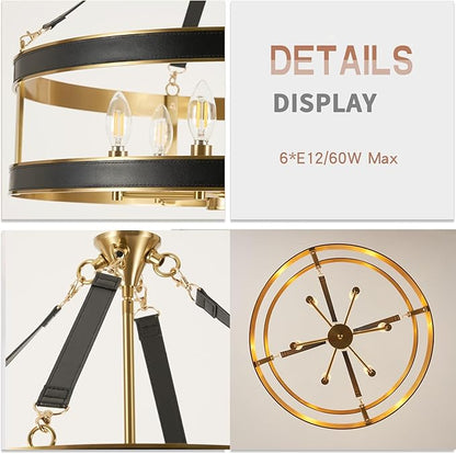 Farmhouse Ceiling Chandelier,24 Inch Antique Bronze Aluminum Black Leather Belt Trim Modern Rustic Hanging Pendant Ceiling Light Fixture for Living Room, Dining Room, Bedroom, Kitchen