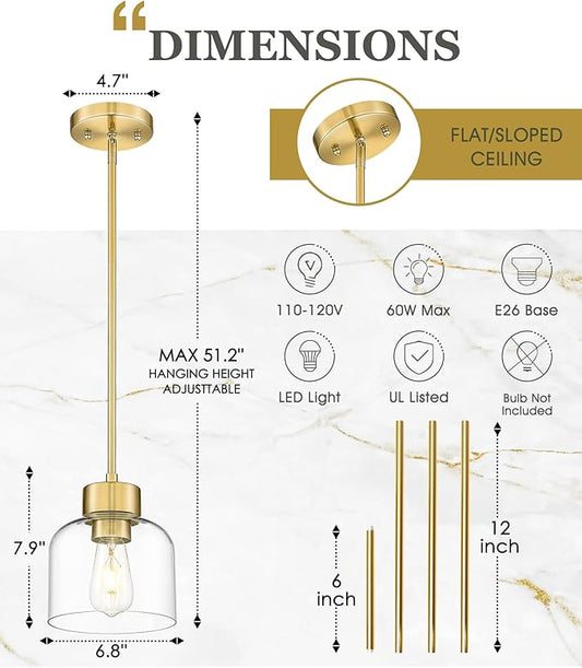 Gold Pendant Lights Kitchen Island, 7" Hanging Lights Fixtures with Clear Glass Shade, Modern Brass Kitchen Pendant Lighting Over Island for Dining Room, AD-24024-1P-GD