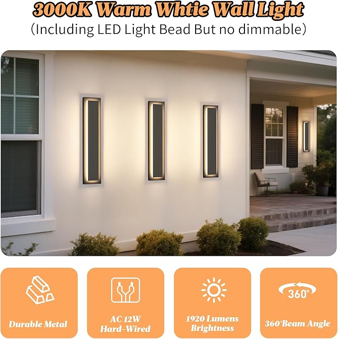 Modern Outdoor Wall Lights -𝟐𝟒 𝐈𝐍 Long Exterior Lighting Fixtures,Black LED Outdoor Wall Sconce Use for House,Porch,Garage,Front Door, Patio,IP65 Waterproof,3000K Warm White,24W,2 Packs