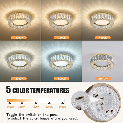 Crystal Gold Flush Mount Ceiling Light Fixture,Dimmable LED 5CCT 3000K-6000K Chandelier,11 Inch Modern Small 24W Round Lighting Fixtures for Kitchen Hallway Foyer Laundry Room