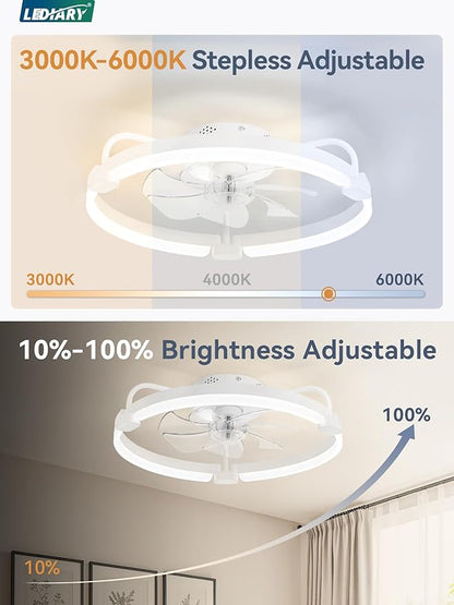LEDIARY 2 Pack Ceiling Fans with Lights and Remote, 20'' Low Profile Ceiling Fan with Light, 3000-6000K Dimmable Fandelier LED Fan Light, 6 Wind Speeds, White Flush Mount Ceiling Fan for Bedroom