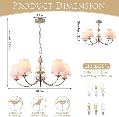 Pink Chandelier for Bedroom Light Fixture，Brushed Nickel Art Deco Chandelier with Fabric Shade,Antique Modern Chandeliers paired with Ceramic for Girls Bedroom，Living Room，Dining Room