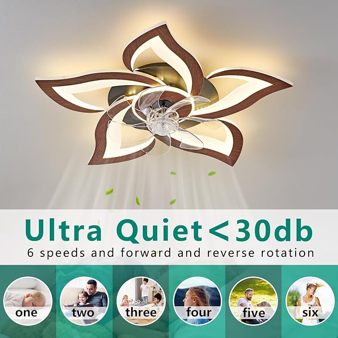 24" Wood Geometric Ceiling Fan with Lights Remote Control, Low Profile Ceiling Fan with Light for Kitchen Bedroom Living Room