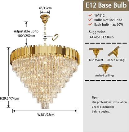 Gold Crystal Chandelier 40” 8-Tier Modern Round K9 Crystal Ceiling Light, Height Adjustable 16-Light Luxury Pendant Lighting for High Ceiling Dining Room Living Room Foyer Staircase