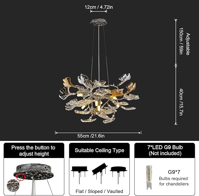 AioTio Black Modern Chandeliers for Dining Room, D21.6'' Round Tree Branch Glass Ginkgo Leaf Farmhouse Chandelier,Silver Art Deco Ceiling Hanging Chandelier for Living Room,Entryway,Foyer,Kitchen