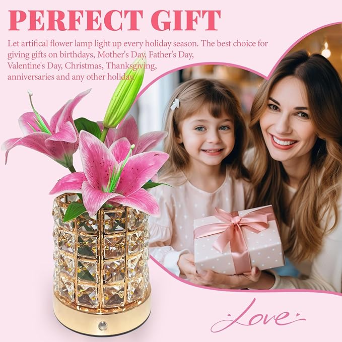Lily Flower Lamps, Rechargeable Cordless Small Desk Lamp, 3 Colors Dimmable Artificial Flowers Night Light, Fake Bouquet 3 Lilies with Crystal Vase for Home Date Party Decoration (Pink - Lily)