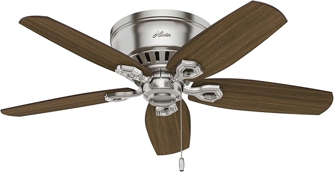 Hunter 42 inch Indoor Ceiling Fan with LED Lights - Ceiling Fan with Pull Chain, For Bedroom, Living Room, or Kitchen, Low Profile Flush Mount, No Remote, 5 Blades - Builder 51092, Brushed Nickel