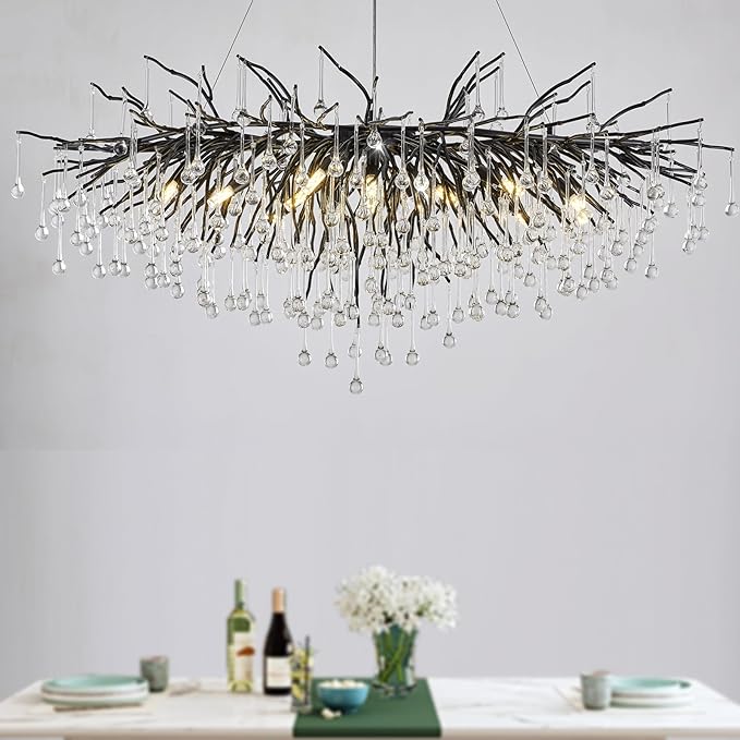 Black Crystal Chandelier for Dining Room,L47.24in Rectangular Modern Chandeliers Raindrop Lights,Tree Branch Chandelier Light Fixture for Kitchen Island,Entryway 13-Light