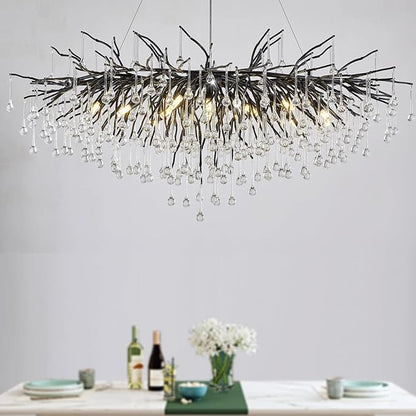 Black Crystal Chandelier for Dining Room,L47.24in Rectangular Modern Chandeliers Raindrop Lights,Tree Branch Chandelier Light Fixture for Kitchen Island,Entryway 13-Light
