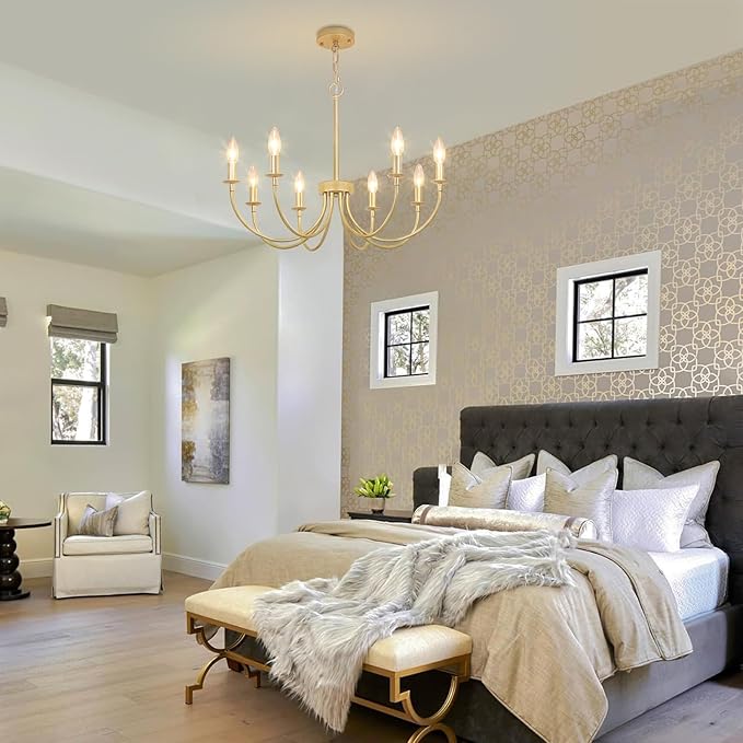 8-Light Gold Chandeliers for Dining Room, Farmhouse Dining Room Light Fixtures, Rustic Candle Chandelier Light Fixtures for Living Room, Kitchen, Staircase, Entryway, Foyer