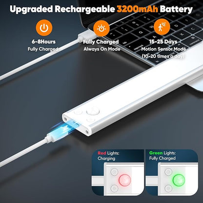 Brightever Under Cabinet Lights, 14inch Rechargeable Battery Operated Motion Sensor Lights Indoor, 3200mAh Wireless Magnetic Dimmable Under Closet Counter Night Lights for Kitchen Stair, 3 Packs