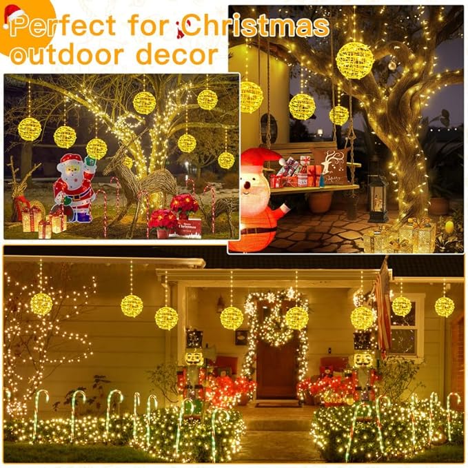 Ollny Christmas Lights Outdoor 4Pack 7.87inch, Warm White 200 LED Ball Light with Plug in Remote, 8 Modes IP67 Waterproof Connectable Sphere Tree Lights for Indoor House Yard Garage Decorations