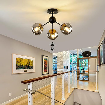 Motion Sensor Light Indoor 3-Light Vintage Semi Flush Mount Ceiling Light Fixture with Glass Globe Black Chandelier for Closet Hallway Stairway Porch Entryway