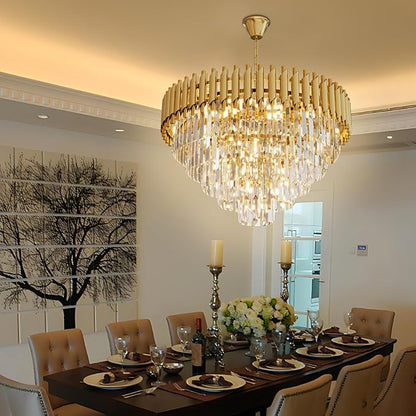Modern Gold Crystal Chandelier, 24" 10-Light Round Chandelier,5 Tiers Ceiling Pendant Light, Large Adjustable Hanging Raindrop Chandeliers for Dining Room, Foyer, Living Room, Staircase
