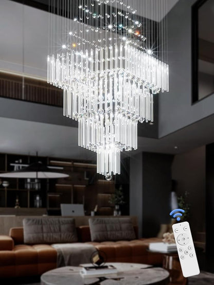 Flashing God D32''X H100'' Extra Large Chandeliers for High Ceilings Square Crystal Raindrop Gold Chandeliers Large Villa Chandelier Entrance Foyer Ceiling Light LED Dimmable 2700K-6000K