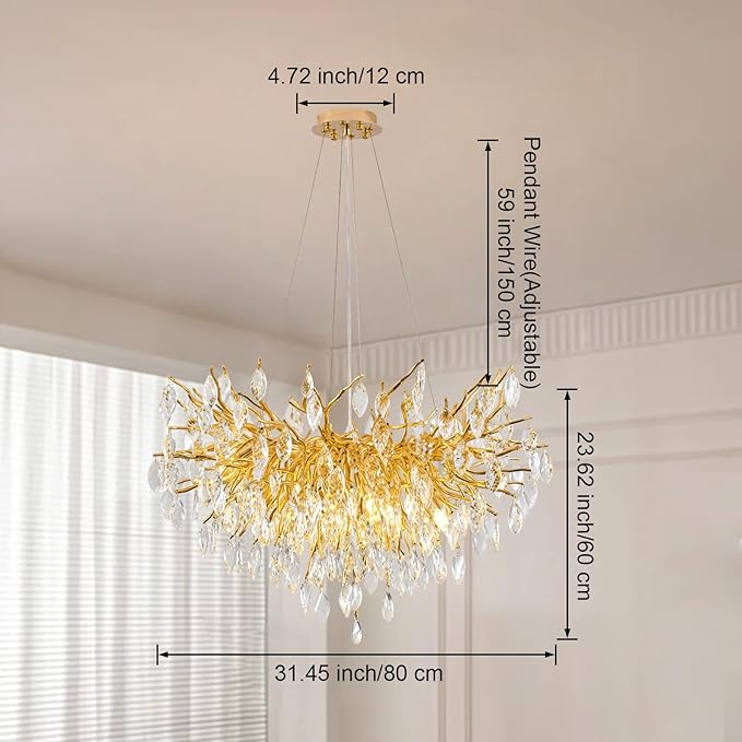 Gold Tree Branches Chandelier, 31.5" Dining Room Light Fixture Over Table, Modern Living Room Chandeliers with K9 Crystal, 10-Light Round Chandelier for Kitchen Island, Bedroom, Entryway, Bathroom