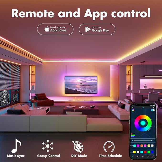 Led Lights for Bedroom 50FT Smart IC+RGB, Music Sync Color Changing Strip Lights, 24Key Remote+App Control Light Strip for BedHead,Underbed,Ceiling,Background Wall