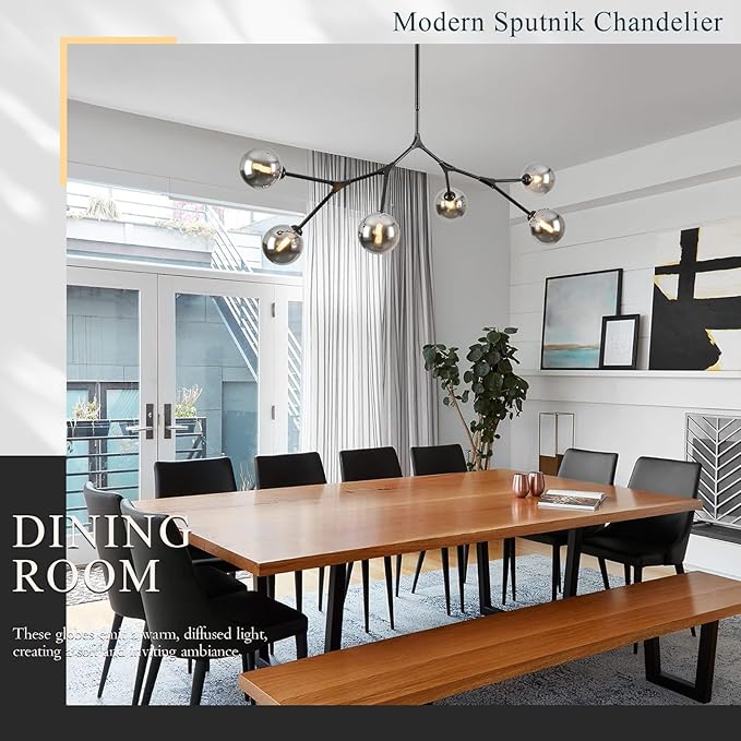 6 Lights Sputnik Chandelier for Dining Room L45’’ Black Modern Pendant Light Fixture with Black Clear Glass Shade Large Mid Century Chandeliers for Kitchen Island Living Room Foyer