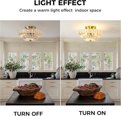 Semi Flush Mount Ceiling Light Fixture Vinatge Gold Ceiling Lights Mid Century Modern Glass Close to Ceiling Lighting Fixtures for Bedroom Hallway Foyer Bathroom Kitchen Laundry Room Nursery