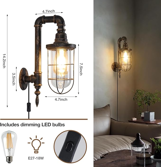 Plug in Wall Sconce Lights 14.2In Industrial Wall Lamp with UL Plug in Cord Fixtures with On Off Switch Rustic Bronze Farmhouse Mounted Lighting for Barn Loft Cafe Bar Cage Lighting with Clear Glass