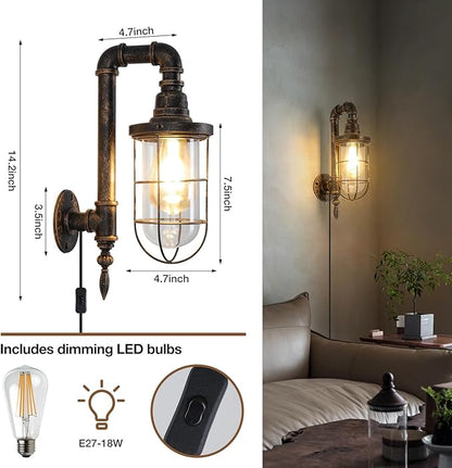 Plug in Wall Sconce Lights 14.2In Industrial Wall Lamp with UL Plug in Cord Fixtures with On Off Switch Rustic Bronze Farmhouse Mounted Lighting for Barn Loft Cafe Bar Cage Lighting with Clear Glass