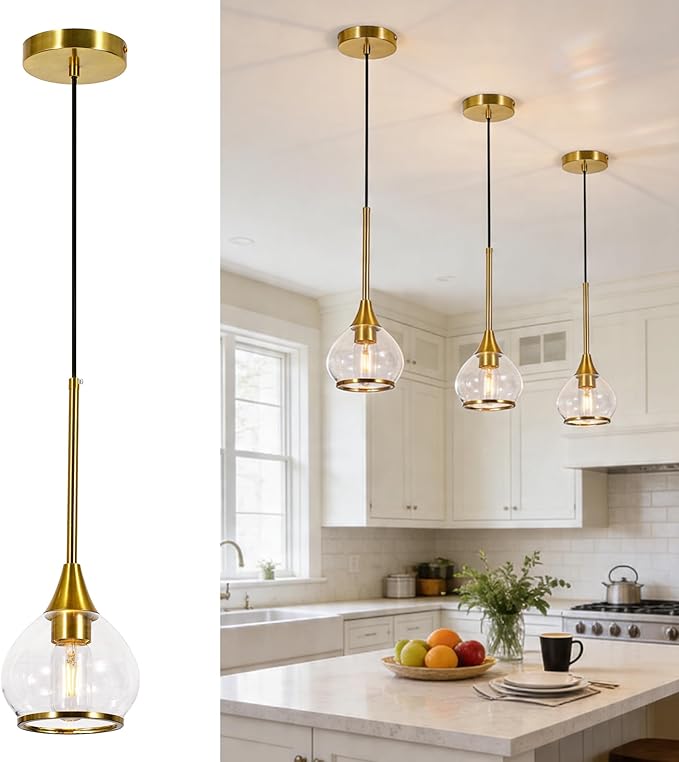 Kitchen Island Linear Pendant Light, 1-Pack 1-Light Gold Pendant Light, Brushed Gold Glass Globe Hanging Light Fixture for Dining Room, Over Table, Bar