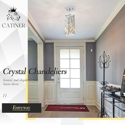 CATINER Chrome Crystal Pendant Light, Mini Hanging Pendant Lighting Fixture with Adjustable Cord, Modern Silver Pendant Light for Kitchen Island, Dining Room, Bedroom, Hallway, E26 Base (1 Pack)