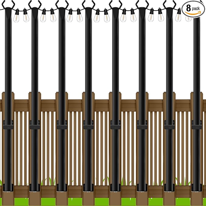 LETIANPAI 8 Pack String Light Poles,5 Ft Metal Poles with Fence Bracket for Outdoor String Lights,Outdoor Light Poles,Poles/Post/Stand for Outside