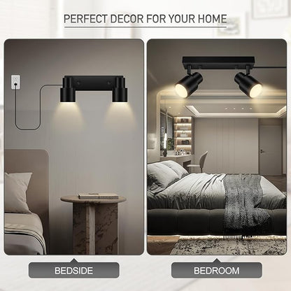 Plug in Track Lighting Fixtures Ceiling, Black Track Light LED, 2-Light Plug in Wall Lights with Cord, 2 Way Ceiling Spotlight, Rocker Switch, Rotatable Spotlight for Bedroom, Bulb Not Included
