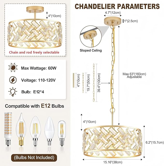 Gold Crystal Chandelier, 4-Light Morden Dining Room Light Fixture,15.16" Round Semi Flush Mount Chandeliers for Kitchen Foryer Entryway Hallway Living Room Bedroom (ETL Listed)