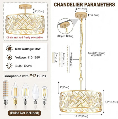 Gold Crystal Chandelier, 4-Light Morden Dining Room Light Fixture,15.16" Round Semi Flush Mount Chandeliers for Kitchen Foryer Entryway Hallway Living Room Bedroom (ETL Listed)