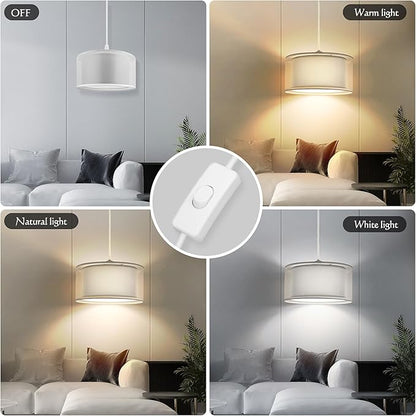 Plug in Pendant Light, 15FT White Cord Hanging Lights with Plug in Cord, Hanging Light with On/Off Switch, Double Linen Shade Fabric Design, Pendant Llight Fixture for Bedroom Restaurant Grey