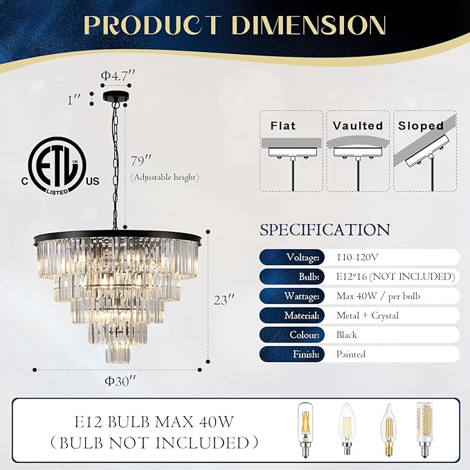 30" Black Crystal Chandelier Large Round Chandeliers Modern 16 Lights 5-Tier Luxury K9 Crystal Ceiling Pendant Lighting Fixture for Foyer Staircase Living Room Dining Room