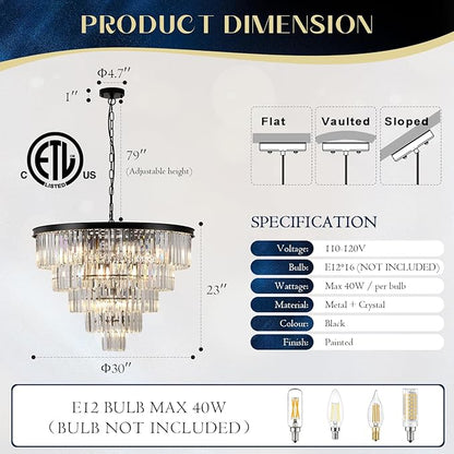 30" Black Crystal Chandelier Large Round Chandeliers Modern 16 Lights 5-Tier Luxury K9 Crystal Ceiling Pendant Lighting Fixture for Foyer Staircase Living Room Dining Room