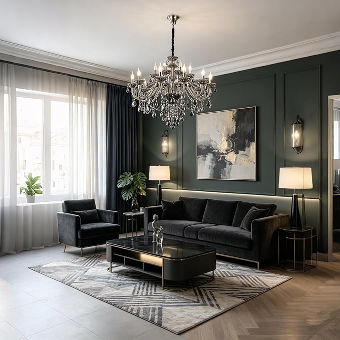 18-Light Smoky Gray Crystal Chandelier for Living Room, Antique Teardrop Candle Chandelier Pendant Ceiling Lighting Fixture for Dinning Room Staircase Lobby Foyer (Smoke Gray 18 Lights)