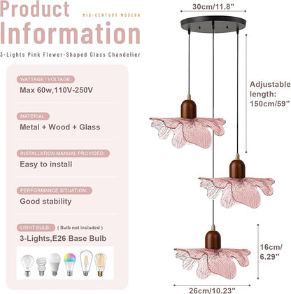 3-Light Pink Flower Glass Pendant Light, Mid-Century Modern Chandelier, Adjustable Hanging Ceiling Light Fixture for Dining Room, Kitchen Island, Bedroom, Living Room, Restaurant, Cafe