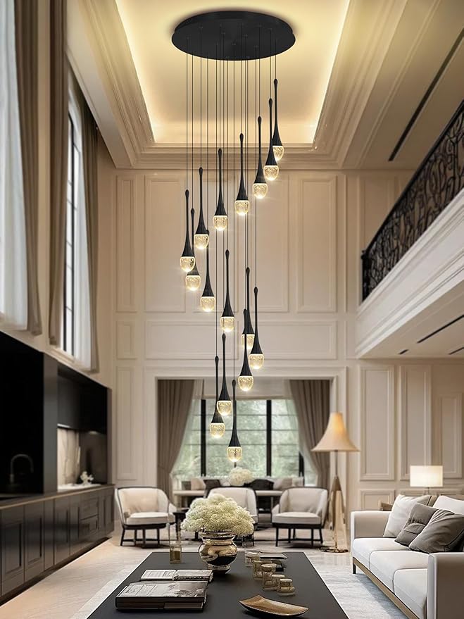 ykolupty Modern Crystal Chandeliers LED Dimmable Stairwell Chandelier Black Teardrop Chandelier Large Pendant Light for Entryway Foyer Living Room