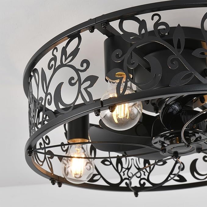 Garwarm Caged Ceiling Fan with Light,20" Ceiling Fans with Lights and Remote,Flush Mount Bladeless Fandelier,Small Low Profile Ceiling Fan for Bedroom,Kitchen,Dining Room,Black