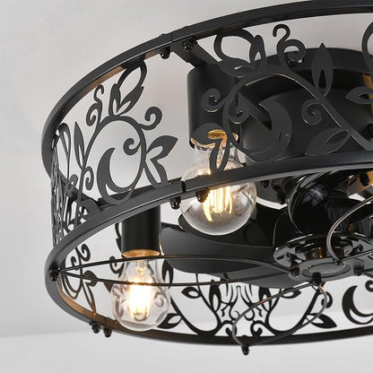 Garwarm Caged Ceiling Fan with Light,20" Ceiling Fans with Lights and Remote,Flush Mount Bladeless Fandelier,Small Low Profile Ceiling Fan for Bedroom,Kitchen,Dining Room,Black