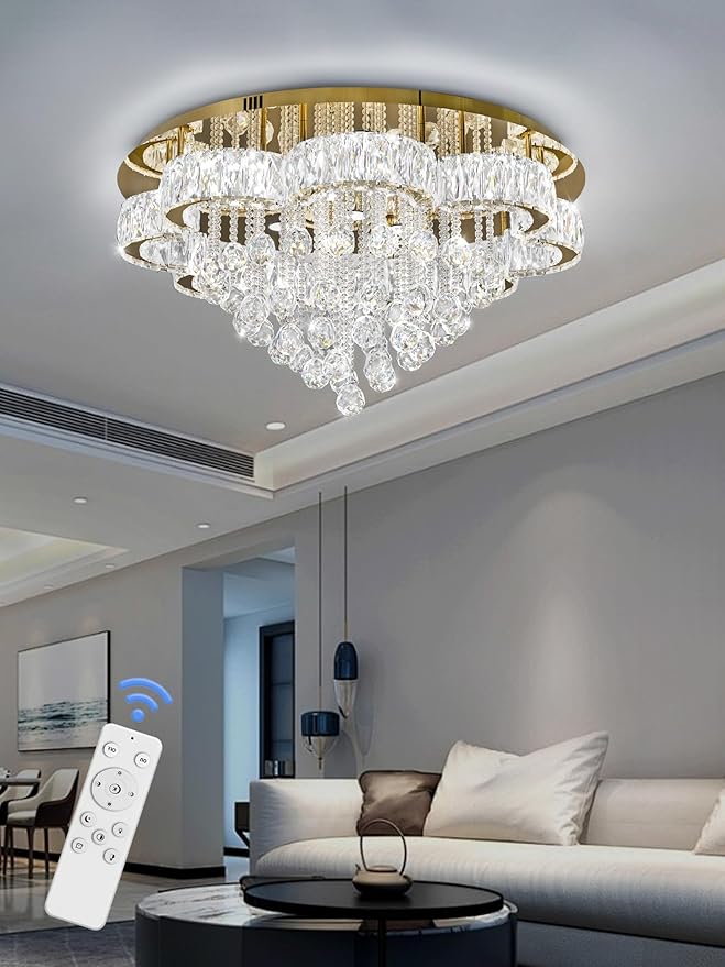 W32in Crystal Ceiling Chandelier Modern Gold Chandeliers Raindrop Crystal Ceiling Lighting Fixture Flush Mount Chandelier for Living Room Hallway Dining Room Kitchen Bedroom