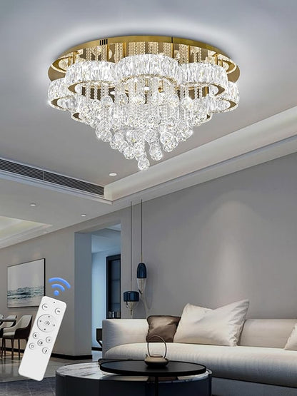 W32in Crystal Ceiling Chandelier Modern Gold Chandeliers Raindrop Crystal Ceiling Lighting Fixture Flush Mount Chandelier for Living Room Hallway Dining Room Kitchen Bedroom