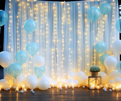 White Sheer Tulle Backdrop Curtains with Lights String for Party Wedding Wrinkle Free Curtain Backdrops Drapes for Baby Shower Birthday Party Photo Back Drop Background Home Decorations 10ft x 8ft