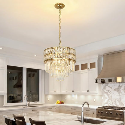 Modern Crystal Chandelier Gold Pendant, Round Crystal Light Fixture Hanging Lamp, for Dining Room, Restaurant, Hallway, Balcony, Φ15.7 inch