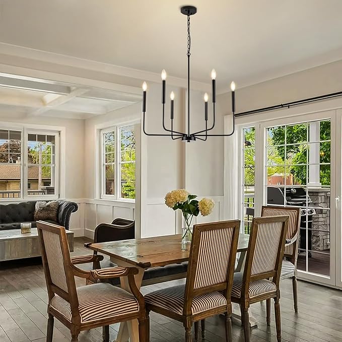 Black Chandelier, Modern Farmhouse Dining Room Light Fixture 6-Light Chandelier with Chain, Metal Hanging Lighting Fixtures Candle Dining Lights for Kitchen, Living Room, Bedroom, Foyer