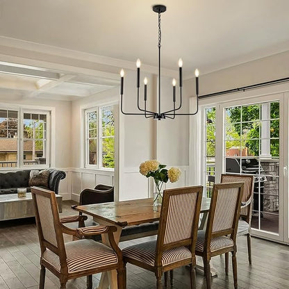 Black Chandelier, Modern Farmhouse Dining Room Light Fixture 6-Light Chandelier with Chain, Metal Hanging Lighting Fixtures Candle Dining Lights for Kitchen, Living Room, Bedroom, Foyer