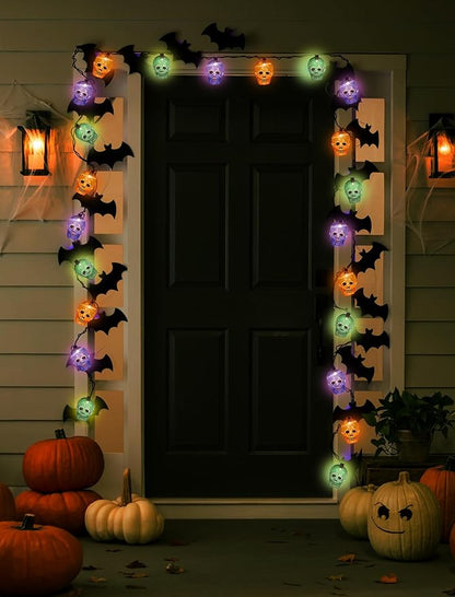 Halloween Skull String Lights Outdoor, 8.5Ft Ghost Head Lights with 10 LED Orange Green Purple Skull Head Lights, Hanging Halloween Decoration Skeleton Light for Patio, Porch, House, Party Decorations