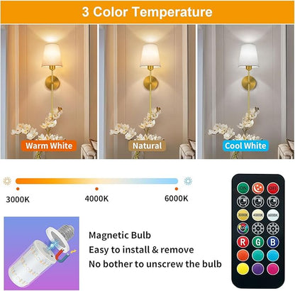 Battery Operated Wall Sconce, Gold Rechargeable Wall Lights with 10000mAh Dimmable Bulbs and 3 Dynamic Modes, 12 Colors Wireless Wall Lamps with Remote for Bedroom Living Room Hallway Decor, 2 Pack