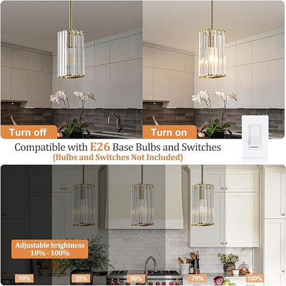 Modern Crystal Pendant Lights Kitchen Island, 2-Pack Brushed Gold Hanging Light with Clear Crystal Shade, Adjustable Height Pendant Lighting for Kitchen Island Dining Room Bedroom Bar Entryway